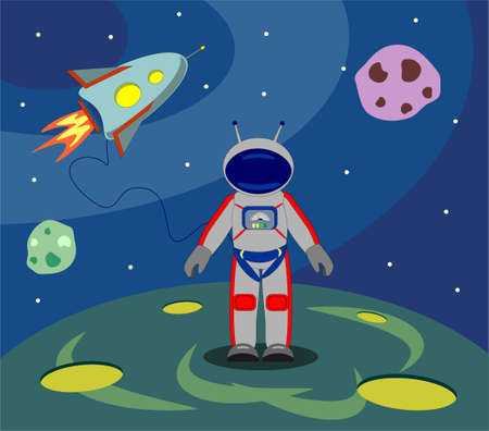 astronaut (spaceman, cosmonaut) in space standing on fantasy planet. Vector illustration, flat designのイラスト素材