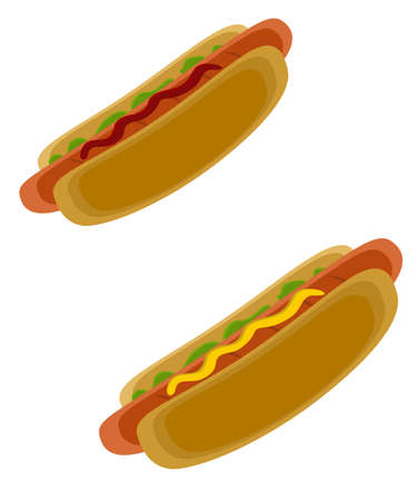 Hotdog isolated on white background. Set of two stylized hot dogs. Vector illustration of fast food meal in flat designのイラスト素材