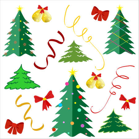 Christmas tree, jingle bells, bows, serpentine for Christmas and New Year design. Vector set of cute graphic elements. Icons, illustrations and clipartのイラスト素材