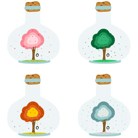 Magical bottle with tree. Times of year, tree in four seasons of the year - spring, summer, autumn, winter. Set of bottles in flat design. Vector illustration isolated on white backgroundのイラスト素材