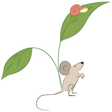 Hand drawn cute illustration of cartoon mouse with green leaves and funny snail. Colorful flat designのイラスト素材