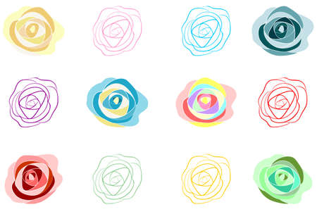 Set of rose flowers isolated on a white background. Vector floral clip art for design, colorful set of flowers silhouettes, hand drawn vector illustrationのイラスト素材