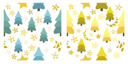 Set of two seamless vector patterns with stars, moon, fir tree, broken star on white background....