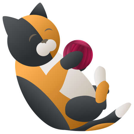 Tricolor cat or calico cat playing with the ball of yarn, vector illustration for childrenのイラスト素材