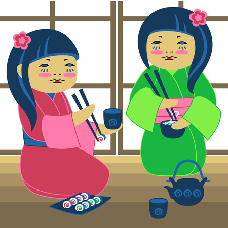 Vector illustration of two japanese girl with sushiのイラスト素材