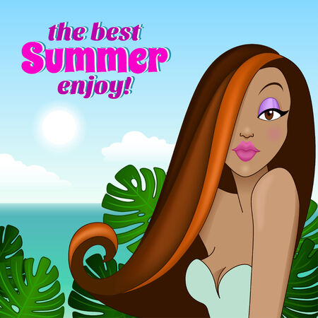 Pretty summer girl on the background of sea and palm treesのイラスト素材