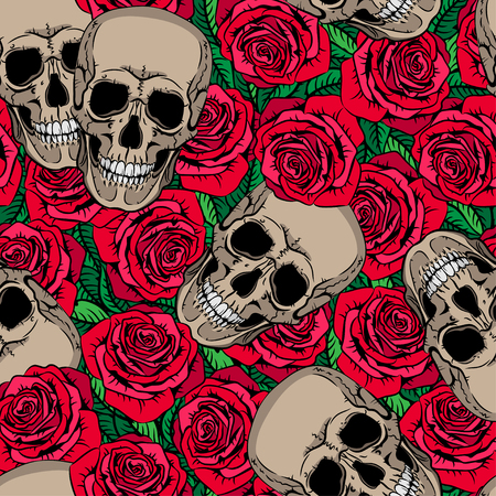 Seamless pattern with skulls and red rosesのイラスト素材