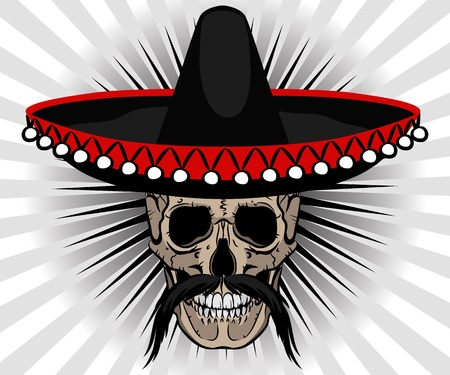 Skull Mexican style with sombrero and mustache on striped backgroundのイラスト素材