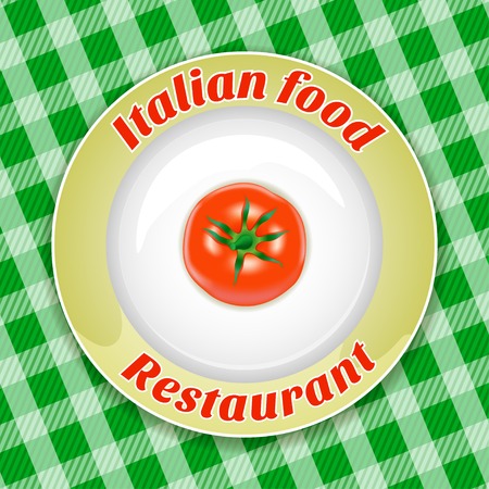 Plate with title and tomato on a green backgroundのイラスト素材