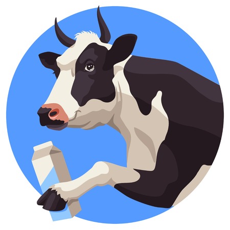 Black and white cow and package of milk on blue backgroundのイラスト素材