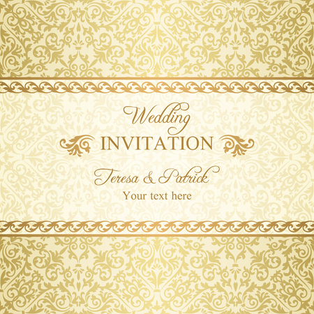 Baroque wedding invitation, gold on beige backgroundのイラスト素材