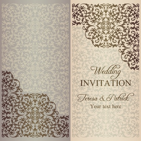 Antique baroque wedding invitation, gold patina on beige backgroundのイラスト素材