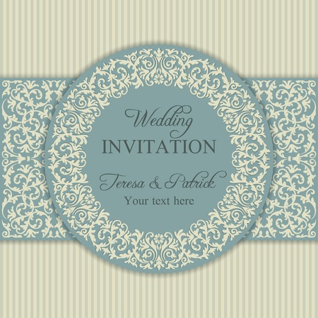 Antique baroque wedding invitation, ornate round frame, blue and beigeのイラスト素材