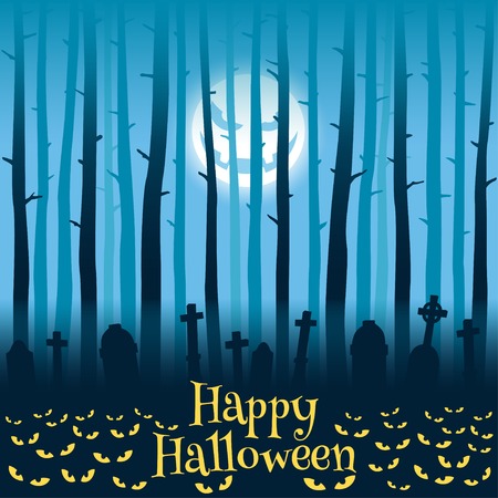 Trees on cemetery, tombs, moonlight and glowing eyes, Halloween styleのイラスト素材
