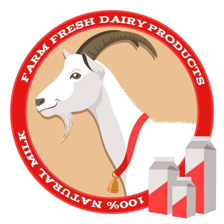 White goat with bell and package of milk label in red styleのイラスト素材