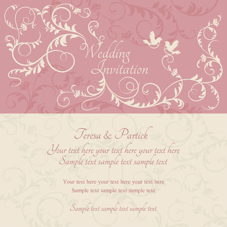 Antique baroque wedding ornate invitation, couple of birds, pink and beigeのイラスト素材