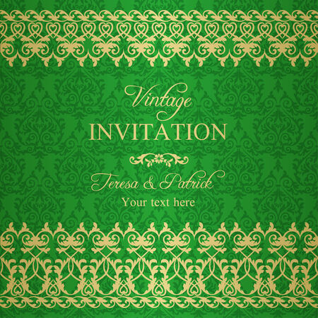 Baroque invitation card in old-fashioned style, green and goldのイラスト素材