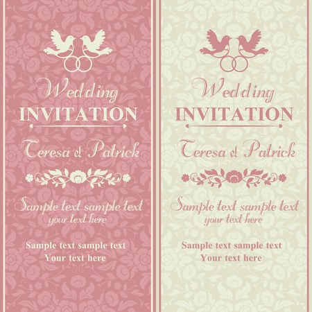 Antique baroque wedding invitation, couple of birds with ring, pink and beigeのイラスト素材