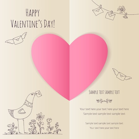 Valentines card with pink paper heart and hand drawing bird, beigeのイラスト素材