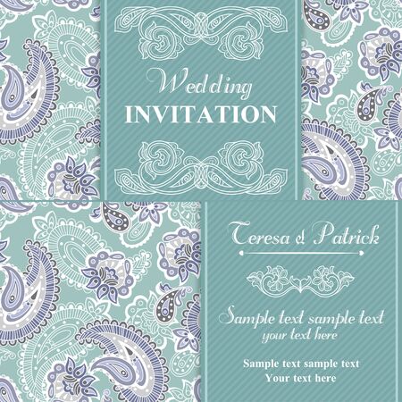 Wedding invitation in blue and violet pastel east turkish cucumber styleのイラスト素材