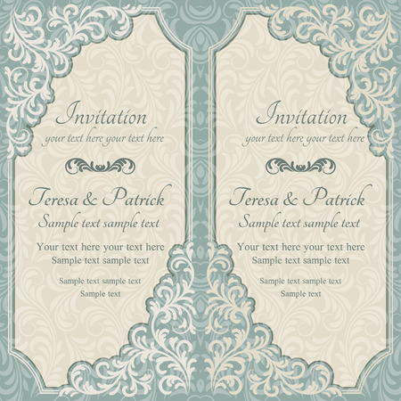 Baroque invitation card in old-fashioned style, blue and beigeのイラスト素材