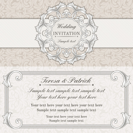 Baroque wedding invitation card in old-fashioned style, grey and beigeのイラスト素材