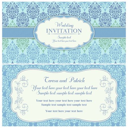 Antique baroque wedding invitation card in old-fashioned style, blue and greenのイラスト素材