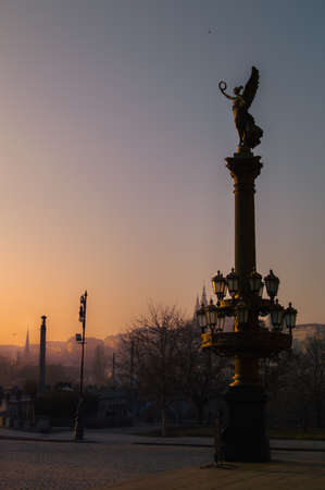 Prague statue near the Vltava riverの写真素材
