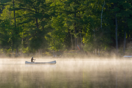 Foggy morning on the lake with a man in a canoeの写真素材
