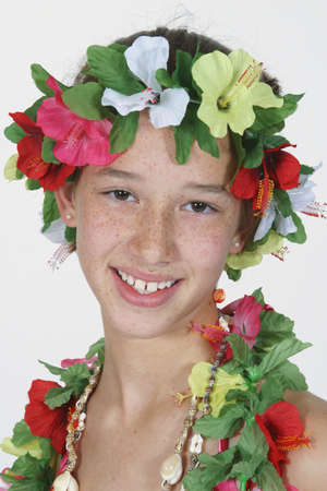 Preteen girl dressed as Hula girlの写真素材
