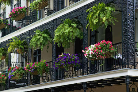 Decorative Iron Balcony in the French Quarter district of New Orleans, Louisianaの写真素材