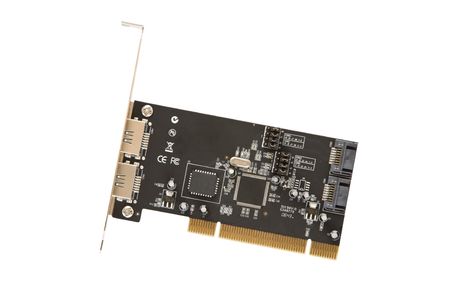 PCI circuit board for a SATA port in a computer photographed on a white background