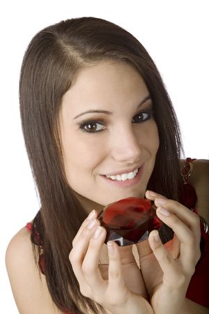 Young Caucasian woman very excited after recieving a special giftの写真素材