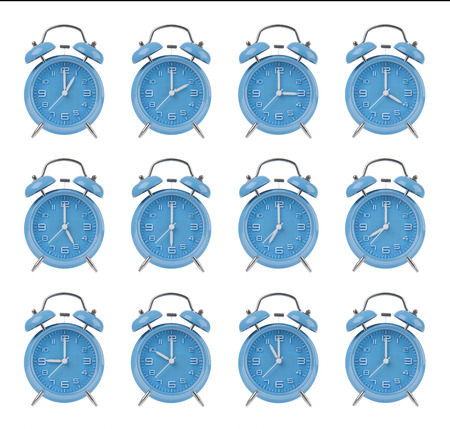 Twelve blue alarm clocks showing the top of each hour isolated on a white background
