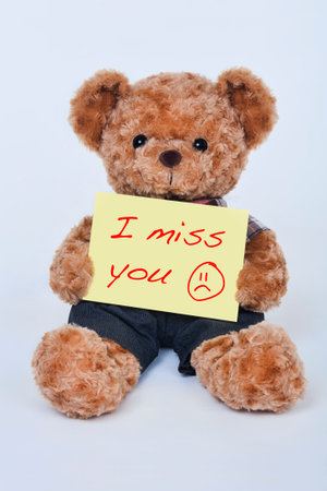A cute teddy bear holding a yellow sign that says I miss you isolated on a white backgroundの写真素材