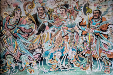 Chengdu, China, April 2, 2017 Beautiful painted mural of Chinese warriors at the Qingyang Temple in Chengdu, sichuan province, Chinaのeditorial素材