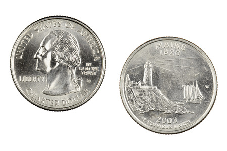 Obverse and reverse sides of the Maine 2003d State Commemorative Quarter isolated on a white backgroundの写真素材