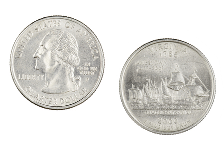 Obverse and reverse sides of the Virginia 2000p State Commemorative Quarter isolated on a white backgroundの写真素材