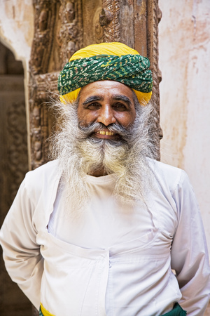 Rajasthan, India, September 2, 2019  A Hindu guide standing in the Fort Mehrangarh in Rajasthan Indiaのeditorial素材