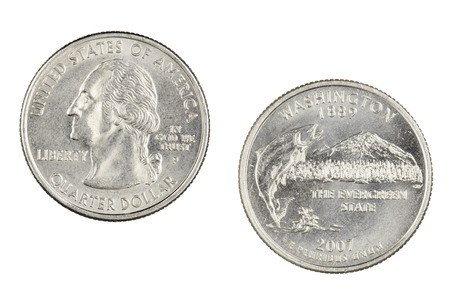 Obverse and reverse sides of the Washington 2007d State Commemorative Quarter isolated on a white backgroundの写真素材