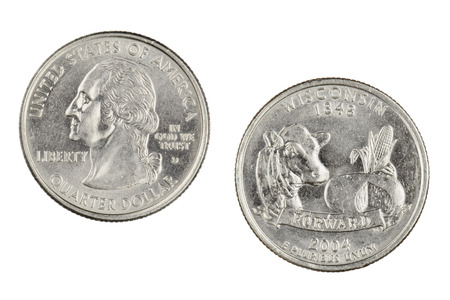 Obverse and reverse sides of the Wisconsin 2004d  State Commemorative Quarter isolated on a white...