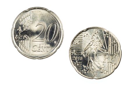 Front and back of the 20 cent Euro coin isolated on a white background