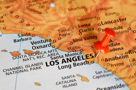 Travel map of the coast of California showing Los Angeles, USA with red push pinの写真素材