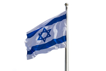 Israel flag flaping in the wind.teh flag is isolated on a white background.の写真素材