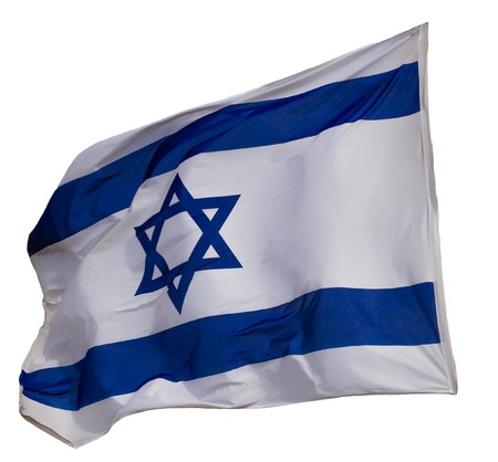 Israel flag flapping in the wind. the flag is isolated on a white background.の写真素材