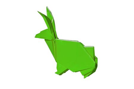 Origami rabbit made of colored paper. the rabbit is standing on a white surface and casts shadow.
It has long pointy ears.の写真素材