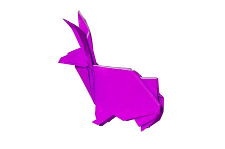 Origami rabbit made of colored paper. the rabbit is standing on a white surface and casts shadow.It has long pointy ears.の写真素材