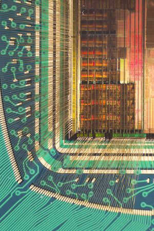 Open computer chip with gold wire connectionsの写真素材