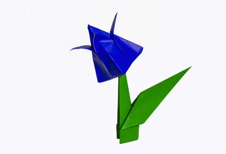 Origami tulip flower.
The tulip is isolated on white background and casts shadow on the surface. It has closed or open petals and a green stalk.の写真素材