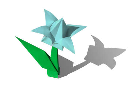 Origami tulip flower.
The tulip is isolated on white background and casts shadow on the surface. It has closed or open petals and a green stalk.の写真素材